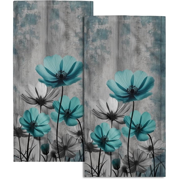 Teal Gray Floral Decorative Hand Towels for Bathroom Rustic Flower Wood Barn Vintage Kitchen Towels Set of 2 Turquoise Daisy Soft Absorbent Fingertip Dish Tea Towel for Home Yoga Gym Hotel