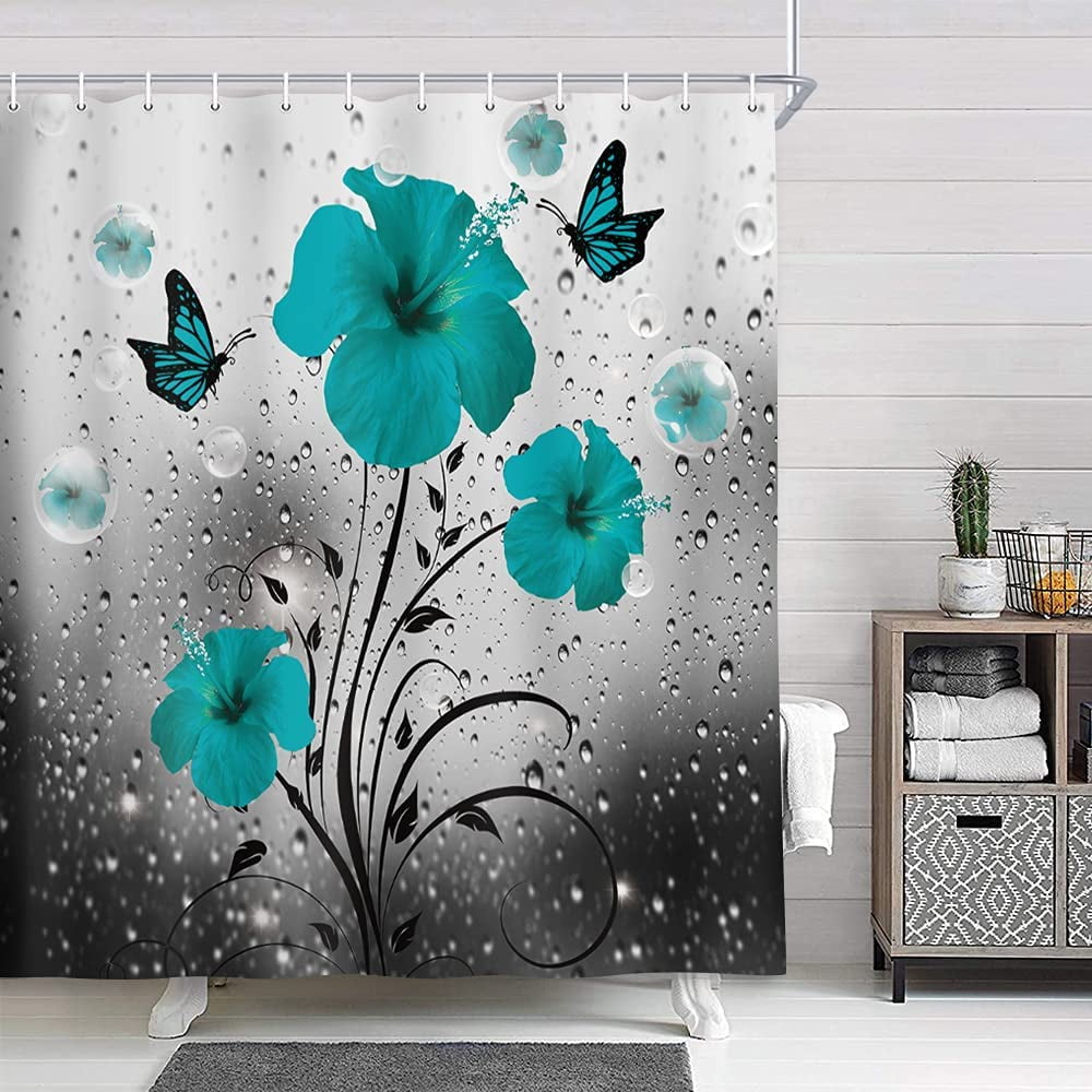 Teal Gray Floral Flower Shower Curtain, Rustic Farmhouse Butterflies Fabric Shower Curtain Accessories, Turquoise Decorations Bathroom Set Decor,Cute Bubbles Modern Bathroom Curtain, 54X70in