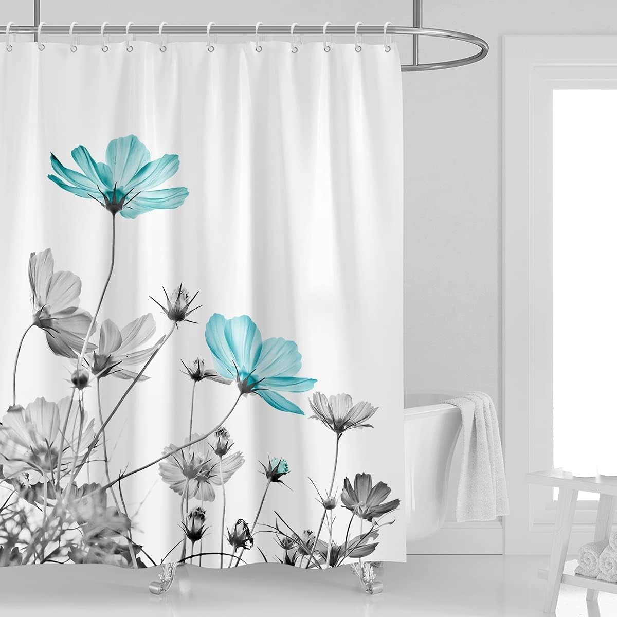 Teal Gray Floral Shower Curtain 72''''W x 72''''L Daisy Elegant Flower Grey Cute Wildflower Botanical Bathroom Curtains Accessories Polyester Fabric Waterproof 12 Pack Hooks