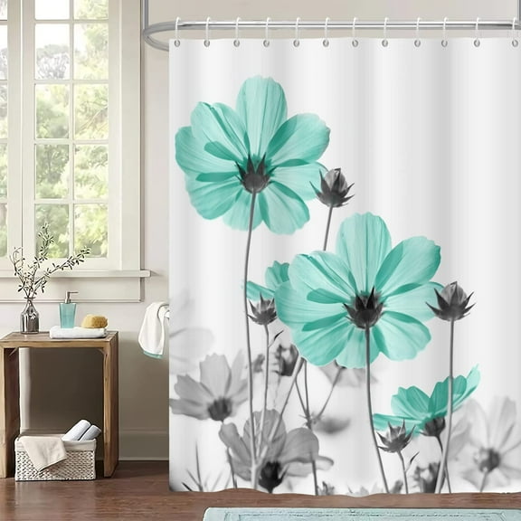 Teal Gray Floral Shower Curtain,Unique Teal Daisy Flower Elegant Wildflower Design Farmhouse Bathroom