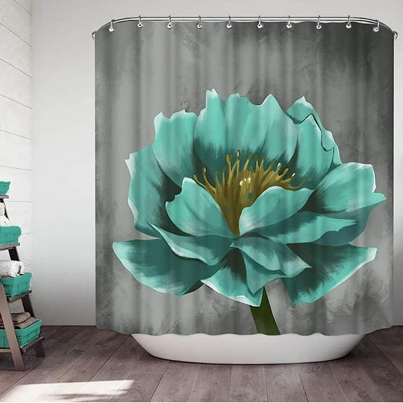 Teal Gray Flower Shower Curtain Vintage Floral Lotus Flowers Polyester Fabric Waterproof Shower Curtain Bathroom Accessory Sets 12 Hooks Included 72X72inch