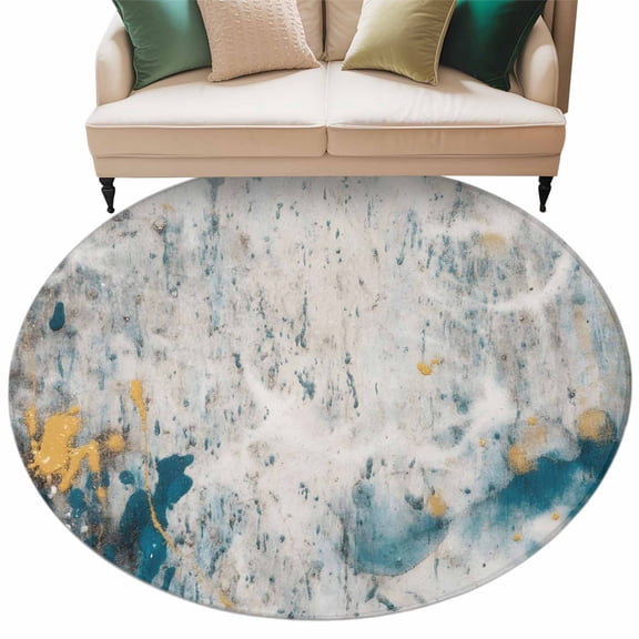 Teal Gray Gold Washable Round Rug 6ft Area Rug for Living Room, Soft Large Non-Slip Circle Dining Room Rugs Modern Minimalist Abstract Gradient Art Carpet for Bedroom Entryway Classroom Dorm