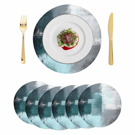 Teal Gray Round 13 Inch Placemats Set of 6, Modern Oil Painted Art Abstract Geometric HeatResistant Non Slip Place Mats for Dining Table, Wipeable Braided Kitchen Table Mats for Housewarming