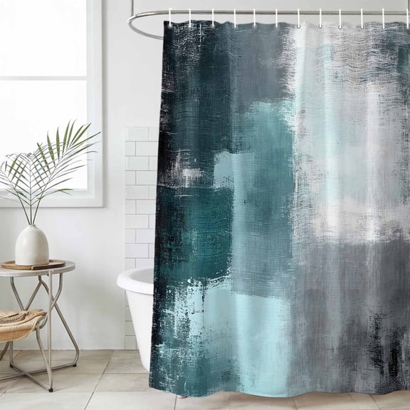 Teal Gray Standard Shower Curtain Set, Waterproof Shower Curtains for Bathroom, Modern Oil Painted Art Abstract Geometric Washable Fabric Cloth Bath Curtain for Bathtub with Hooks 72x72 Inches