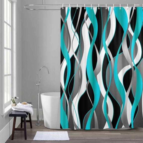 Teal Gray Stripes Shower Curtain for Bathroom Decor, Abstract Art Modern Waterproof Fabric Shower Curtain, 72"x72" Set with 12 Hooks