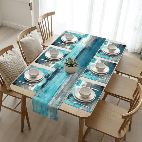 Teal and Gray Table Runner and Placemats Set of 6 Washable Linen Place Mats Rustic Abstract Art Table Decor for Kitchen Dining Coffee Outdoor Party(Teal and Gray, 13"x71"+12"x18")