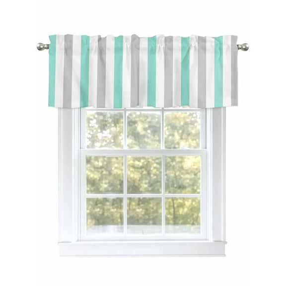 Teal Gray Valances for Windows, Rod Pocket Kitchen Valance Curtains - Soft & Washable Small Window Treatment for Living Room,&nbsp;Bathroom, Stripes , 42x12 Inch, 1 Panel