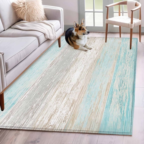 Teal Gray Washable Area Rug 3x5 White Gradient Rustic Striped Minimalist Country Low-Profile Small Area Rugs with Non Slip Backing Indoor Floor Carpet for Entrance Living Room Bedroom Home Office