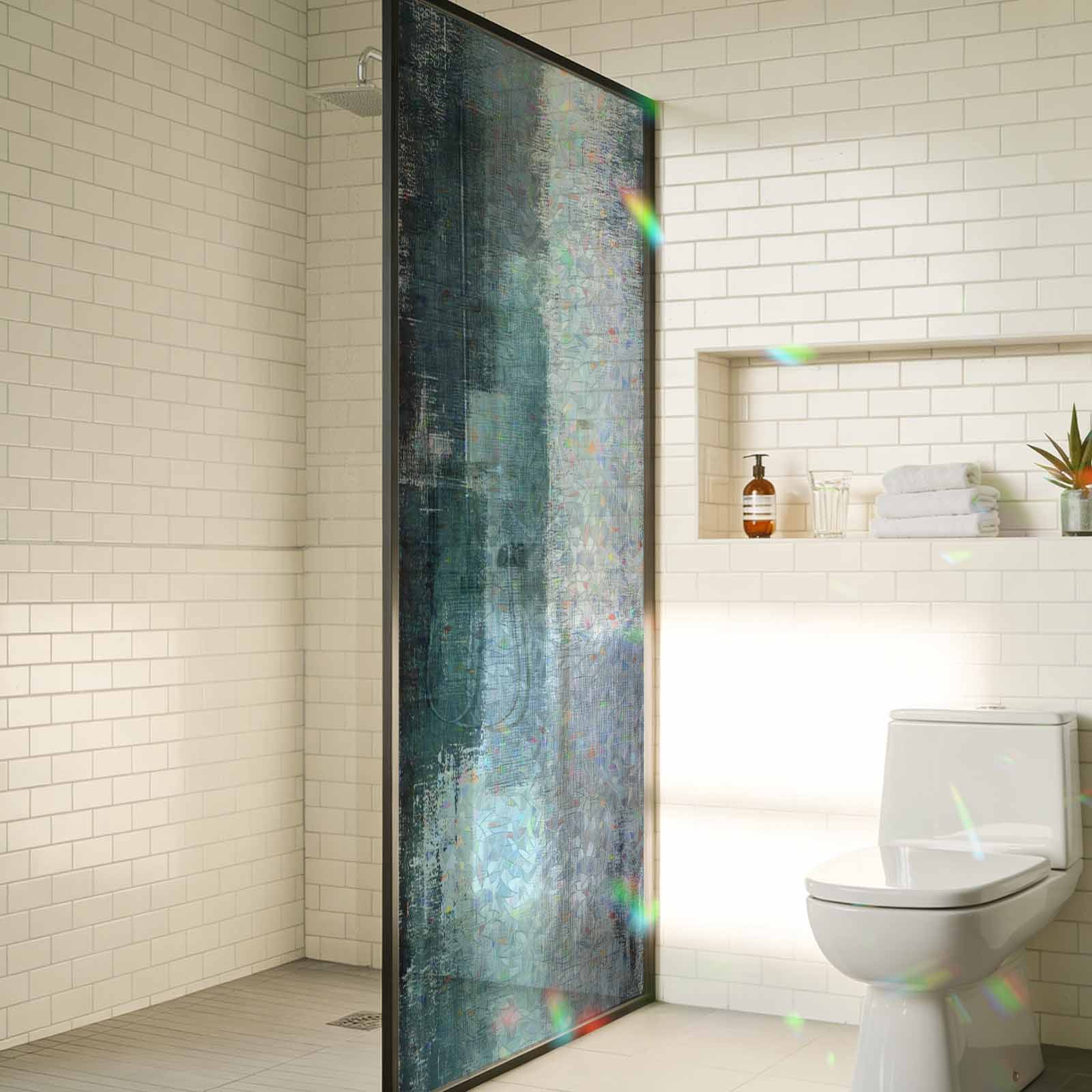Teal Gray Window Privacy Film Rainbow Static Cling Stain Glass Window Film for Glass Door, Decorative Sunroof Decal Sticker for Car Bathroom 29.5"x78.7" Modern Oil Painted Art Abstract Geometric
