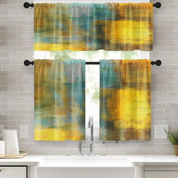 Teal Gray Yellow Painting Kitchen Curtains Contemporary Beige Window Curtains Valance and Tier Set 36 Inch, Abstract Rod Pocket Short Tier Curtain, Modern Small Curtains for Kitchen Decor