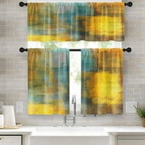 Teal Gray Yellow Painting Kitchen Window Curtains Valance and Tier Set 36 Inch Contemporary Beige Abstract Rod Pocket Short Tier Curtain, Modern Small Drapes for Kitchen Decor