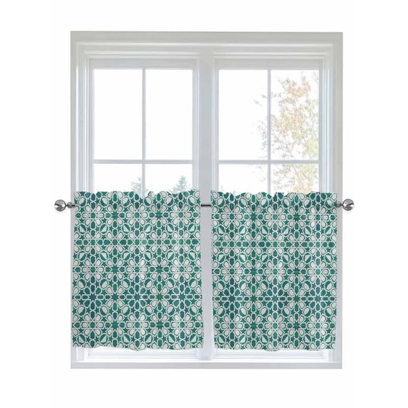 Teal Green 2 Panel Kitchen Curtains for Small Windows, Vintage Abstract Geometric Texture Bathroom Tier Curtain, Short Window Treatment for Bedroom/Living Room 55"x24"