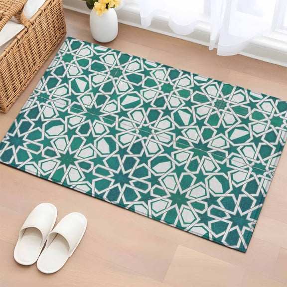 Teal Green 2'x3' Washable Rug, Vintage Abstract Geometric Texture Non-Slip Soft Doormat Area Rugs for Entrance Bathroom Bedsides, StainResistant Carpet for Kitchen Bedroom, Entryway Floor Mat