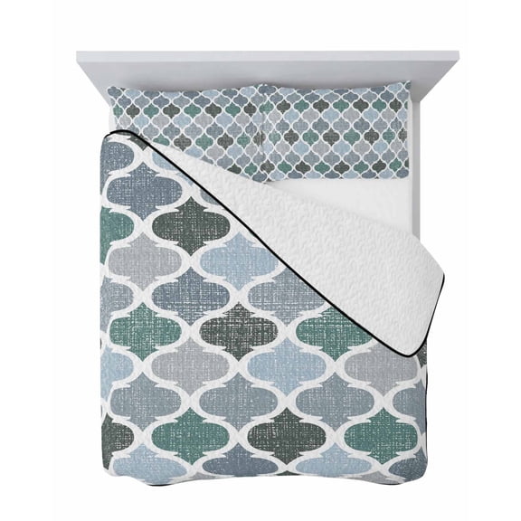 Teal Green 3 Piece Quilt Set King Size, Geometric Morocco Quatrefoil Lattice Soft Bedspread Coverlet Bedding Set Microfiber Lightweight Comforter Set with 2 Pillowcases for Bedroom