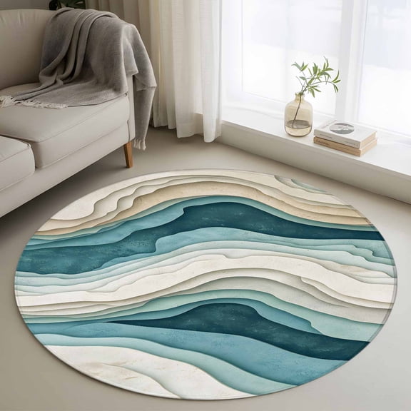 Teal Green 3FT Round Area Rugs for Living Room Beige Gradient Wave Lines Abstract Ombre Art Ultra-Thin Non-Slip Round Rugs Machine Washable Low Pile Circle Carpet for Bedroom Kitchen Nursery