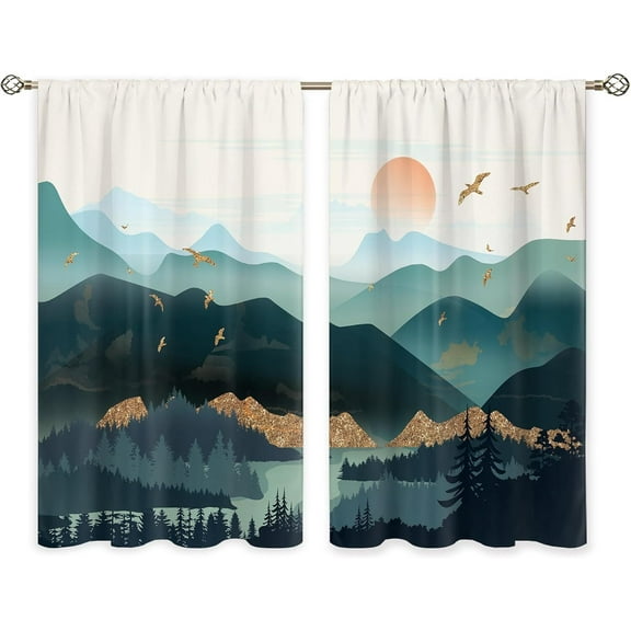 Teal Green Abstract Mountain Small Kitchen Curtains Forest Mountain Window Treatment Nature Sunset Landscape Cafe Short Curtains for Bathroom Dining Room Sun Tier Treatment Drapes 28x40 inch 2-Pack