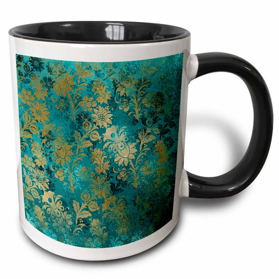 3drose, Teal Green and Image of Gold Art Nouveau Floral Pattern, 15oz Two-tone Black Mug