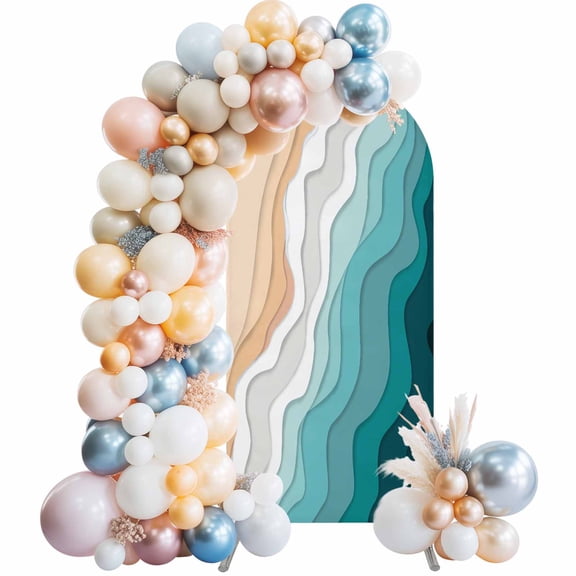 Teal Green Arch Backdrop Cover 5Ft, Wedding Arch Covers Stretchy Backdrop, Geometric Brown White Beach Waves Gradient Fitted 2 Sided Arched Photo Background for Birthday Party Decorations