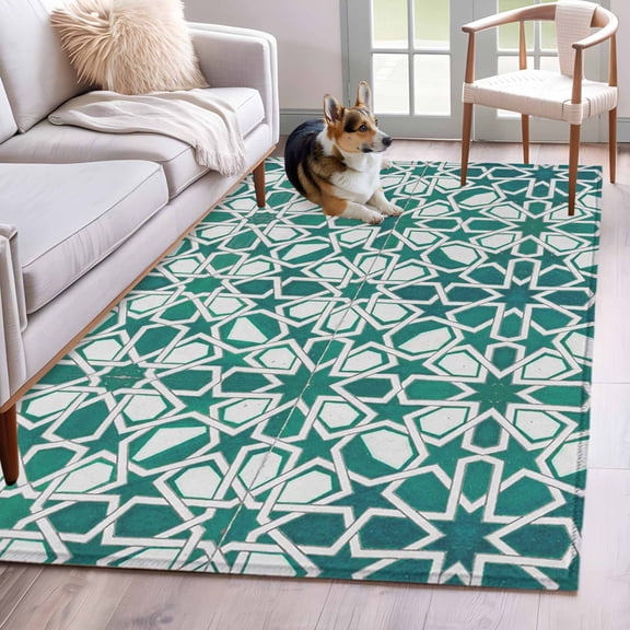 Teal Green Area Rug 4'x6', Vintage Abstract Geometric Texture Washable Non-Slip Rugs, Low Pile Large Carpet for Living Room Bedroom Dining Room Kitchen Office Indoor Mat