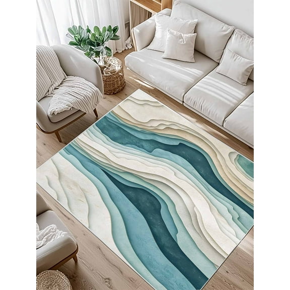 Teal Green Area Rug for Bedroom 2.7x5 Ft Beige Gradient Wave Lines Abstract Ombre Art Super Soft fuzzy Throw Rug Non-Slip Fluffy Plush Indoor Floor Carpet for Living Room Nursery Home Decor