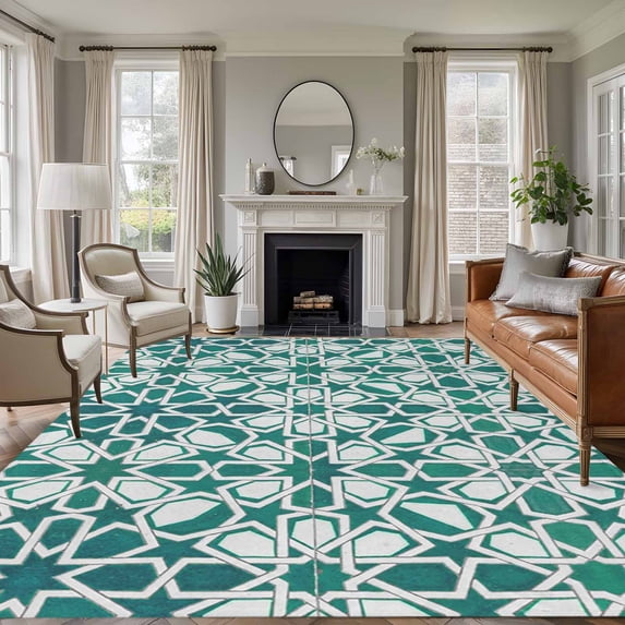 Teal Green Area Rugs 8'x10', Washable Small Throw Rugs for Living Room Patio, Vintage Abstract Geometric Texture Indoor Outdoor Rug Non-Slip Low Pile Carpet Runner Reversible Floor Mats