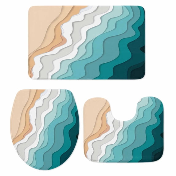 Teal Green Bath Mat 3 Piece Bathroom Rug Set, Geometric Brown White Beach Waves Gradient Non Slip Bath Rug Contour Mat and Toilet Lid Cover, Absorbent Shower Mats Soft Bath Rugs and Mats Sets