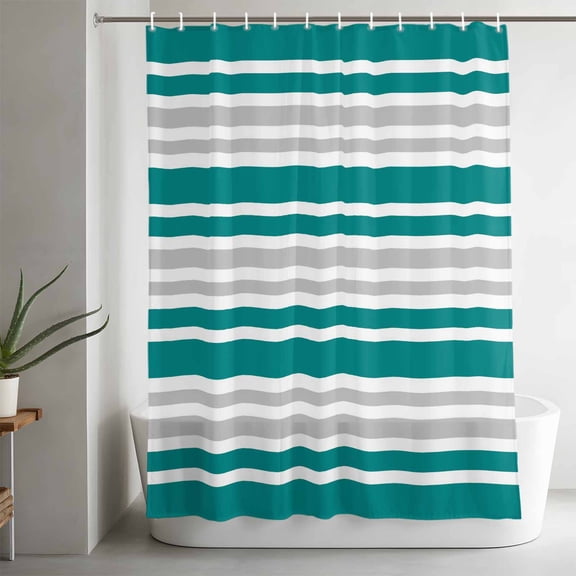 Teal Green Bathroom Shower Curtain, and Gray Stripe Contrast Minimalist Modern Art Waterproof Washable Soft Bath Curtain for Bathtub Decor with 12 Hooks&Grommet, 36x78in