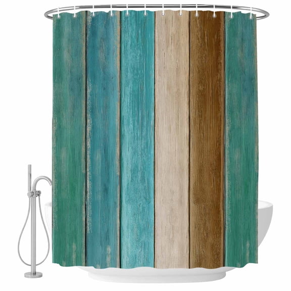 Teal Green Bathroom Shower Curtains with Hooks, Brown Wood Grain Gradient Farmhouse Country Waterproof Fabric Washable Shower Curtain for Home Hotel Bathtub Decor 36x72 Inch