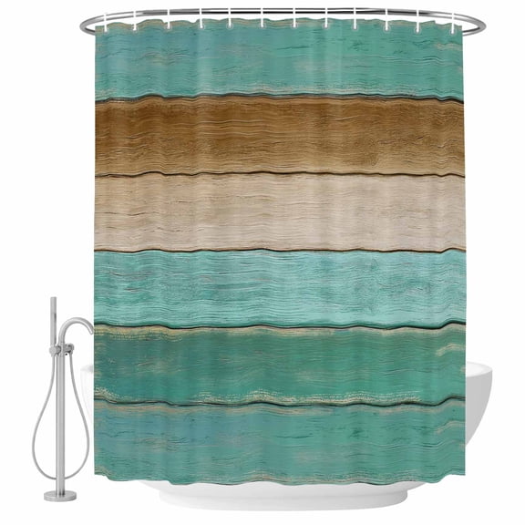 Teal Green Bathroom Shower Curtains with Hooks, Brown Wooden Board Gradient Farmhouse Country Waterproof Fabric Washable Shower Curtain for Home Hotel Bathtub Decor 36x72 Inch