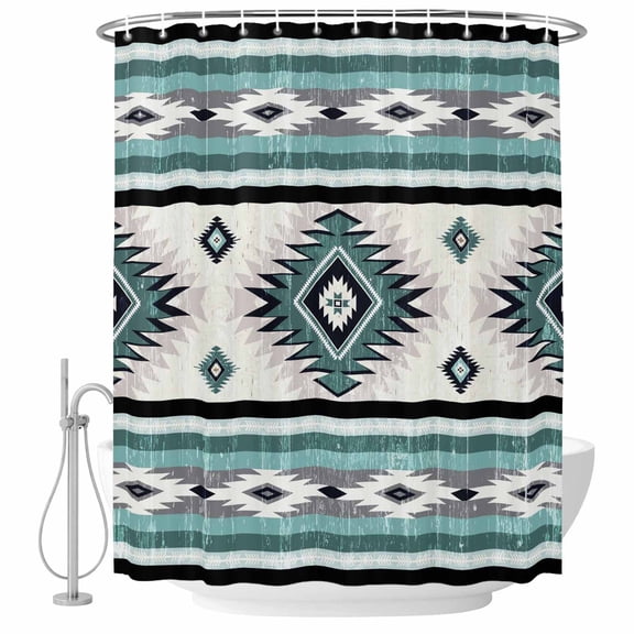 Teal Green Bathroom Shower Curtains with Hooks, Southwestern Native Aztec Ethnic Style Geometric Waterproof Fabric Washable Shower Curtain for Home Hotel Bathtub Decor 36x72 Inch