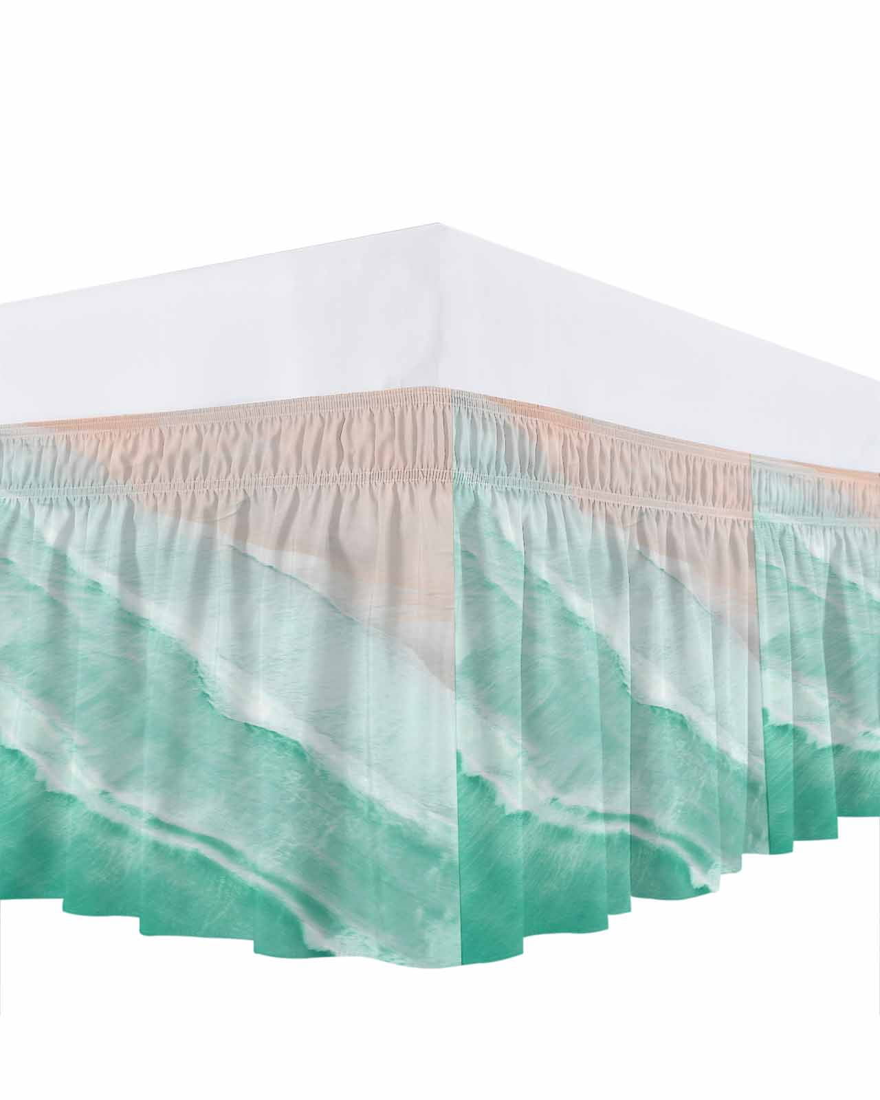 Teal Green Bed Skirt Gradient Sea Waves Sandy Beach Coastal Scenery Bed Skirts Queen Size 16 Inch Drop, Wrap Around Dust Ruffle&nbsp;Bedskirt with Adjustable Elastic Belt for Queen Size Beds