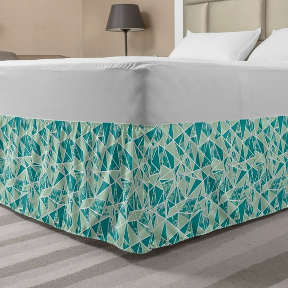 Teal Green Bed Skirt, Modern Tropical Pattern of Palm Trees in Polygonal Shapes Mosaic Art, Elastic Bedskirt Dust Ruffle Wrap Around for Bedding Decor, 4 Sizes, Almond Green and Teal, by Ambesonne