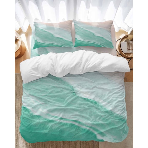 Teal Green Bedding Duvet Cover Set King Size 4 Pieces Gradient Sea Waves Sandy Beach Coastal Scenery Bedding Set with Zipper Closure, 1 Comforter Cover 92x106 Inches 1 Flat Sheet & 2 Pillow Cases