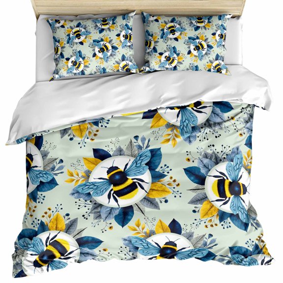 Teal Green Bees Farmhouse Bedding 3 Piece Duvet Cover Set Twin Size, Spring Summer Botanical Flowers Microfiber Comforter Cover with Zipper Closure & Pillowcases, Wrinkle & FadeResistant Quilt Cover