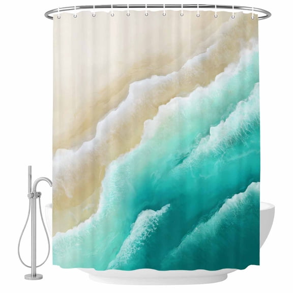 Teal Green Beige Beach Bathroom Shower Curtains with Hooks, Abstract Gradient Sandy Ocean Waves Waterproof Fabric Washable Shower Curtain for Home Hotel Bathtub Decor 36x72 Inch