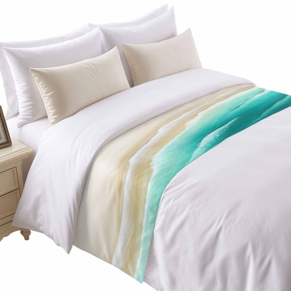 Teal Green Beige Beach Bed Runner for Twin Size Bed, Abstract Gradient Sandy Ocean Waves Soft Bedding Scarf Bedding Protector Slipcover Sofa Throw for Bedroom Hotel Guesthouse