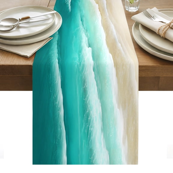 Teal Green Beige Beach Cotton Linen Table Runner Abstract Gradient Sandy Ocean Waves Dining Table Runners for Home Decor Party Dining Room Restaurant Kitchen Party 13" x 36"