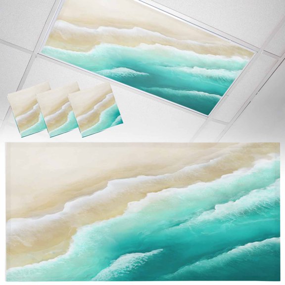 Teal Green Beige Beach Fluorescent Light Covers Abstract Gradient Sandy Ocean Waves Magnetic Light Filters Ceiling Lighting Panel Shade for Classroom Office Home 2 x 4 ft, 3 Pack