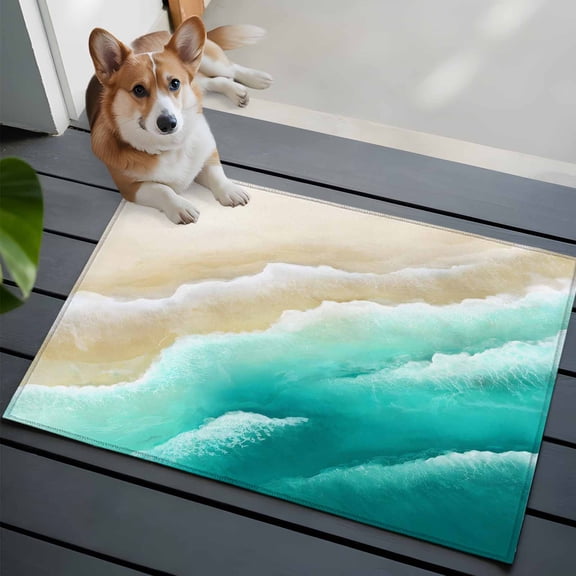 Teal Green Beige Beach Front Door Rugs 2x3 ft Abstract Gradient Sandy Ocean Waves Small Rug for Entryway Non Slip Washable Bathroom Door Mat Absorbent Floor Mat for Indoor Entrance