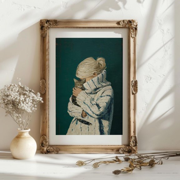 Teal Green Blonde Girl Tabby Cat Whimsical Wall Art, Unframed Canvas 12x16in