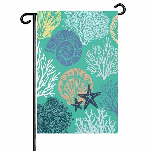 Teal Green Blue Coastal Garden Flags for Outside Nautical Ocean Coral Starfish Shell Double Sided Yard Flags Outdoor House Decoration, Small 12X18 Inch,