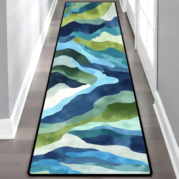 Teal Green Blue Watercolor Wave Hallway Runner Rug, 60x18 Inches Modern Abstract Long Floor Mat, Non-Slip Washable Coastal Art Rug for Entryway Kitchen