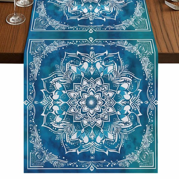 Teal Green Boho 90 Inch Table Runner, Abstract Floral Modern Ethnic Tribal Farmhouse Dresser Scarf Cotton & Linen Tablerunner for Dining/Kitchen Island/Holiday Party Décor 13" x 90"