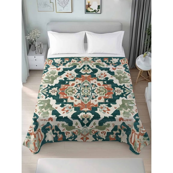 Teal Green Boho Boho Queen Size Flat Sheet, Wrinkleproof & Fadeproof Cooling Flat Bed Sheet Only, Abstract Medieval Vintage Floral Breathable Soft Bedding Top Sheets 90 x 102 Inches