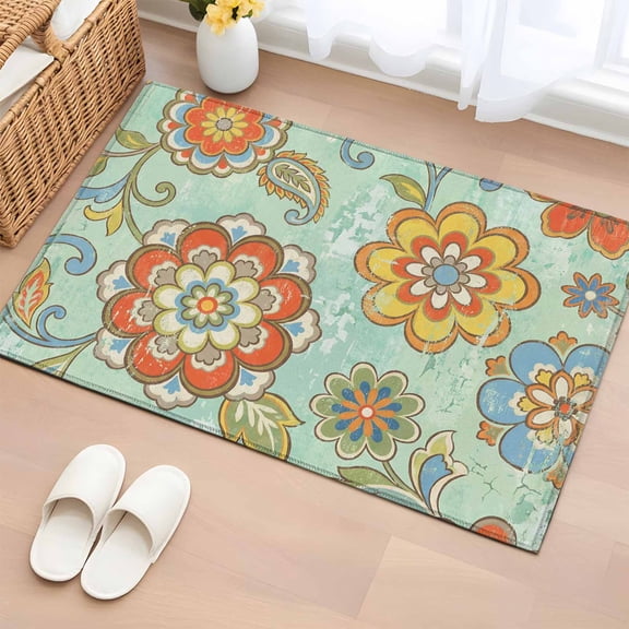 Teal Green Boho Floral Entryway Rug 2'x3' Non Slip Front Door Mats, Vintage Farmhouse Ethnic Flowers Entrance Rugs Indoor Outdoor Carpet, Washable Floor Mats Small Area Rug for Bedroom Kitchen