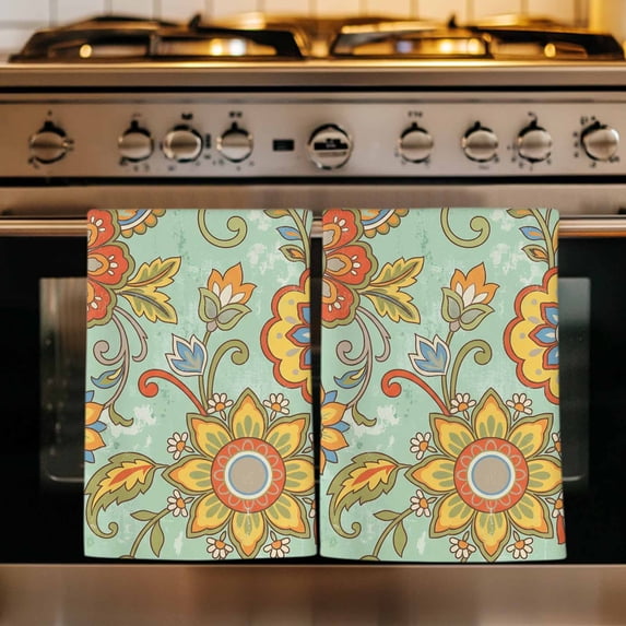 Teal Green Boho Floral Kitchen Towels Set of 2, Vintage Abstract Art Ethnic Flowers Absorbent Dish Towels for Kitchen, Microfiber Hand Towel, Quick Drying Tea Towel for Cleaning Decorative Dishcloths