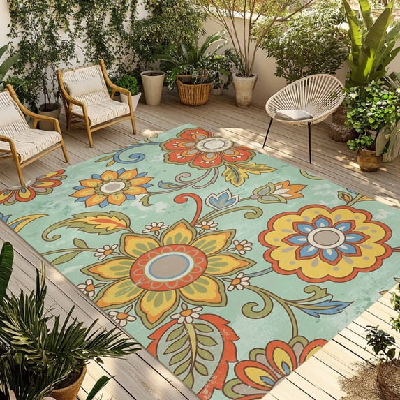 Teal Green Boho Floral Outdoor Rug for Patio/Deck/Porch, Non-Slip Large Area Rug 6 x 9 Ft, Vintage Abstract Art Ethnic Flowers Indoor Outdoor Rugs Washable Area Rugs, Camping Rug Carpet Runner