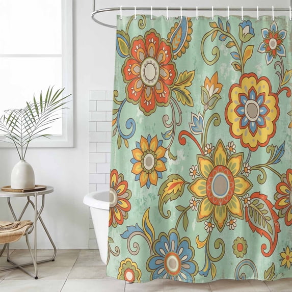 Teal Green Boho Floral Small Stall Shower Curtain, Waterproof Shower Curtains for Bathroom, Vintage Abstract Art Ethnic Flowers Washable Fabric Bath Curtain for Bathtub with Hooks 36x78 Inches
