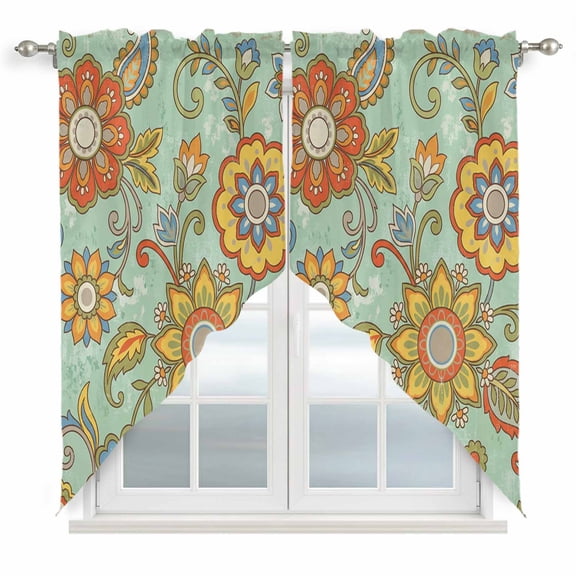 Teal Green Boho Floral Swag Valances for Windows, Kitchen Curtains 36 Inch Length 2 Panels Set, Vintage Abstract Art Ethnic Flowers Short Curtains for Small Windows Rod Pocket Cafe Curtains 28"x36"