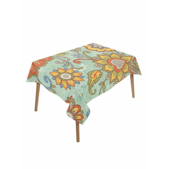 Teal Green Boho Floral Table Cloth, Waterproof Tablecloth for Rectangle Tables, Vintage Abstract Art Ethnic Flowers Reusable Washable Fabric Table Cover for Restaurant Kitchen Dining Tables 60"x102"